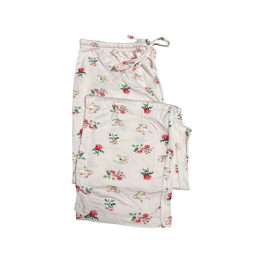 Flora Nikrooz Womens Pink Tea Party Rose Print Pajama Pants Size L 10-12